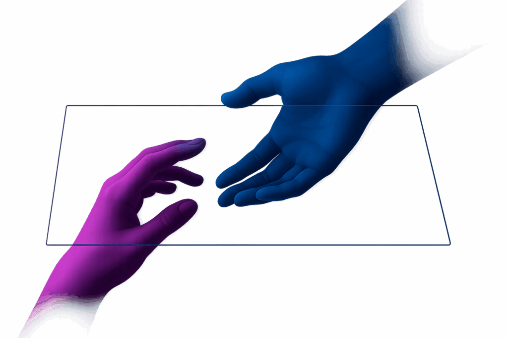 Two hands reaching towards each other through a transparent barrier, symbolizing empathetic partnership and human-centric social media consulting by Michał expert social media consultant
